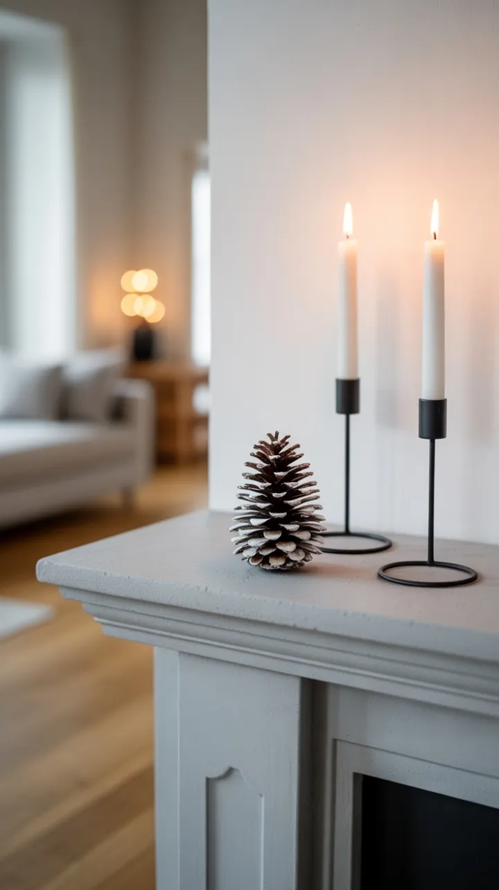 Frosted Pinecone Candlelight on a Scandinavian Mantel