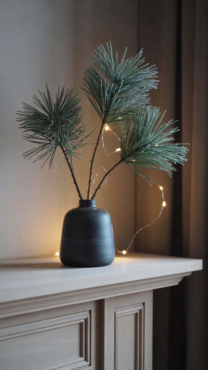 Frosted Pines and Warm Glow on a Scandinavian Mantel