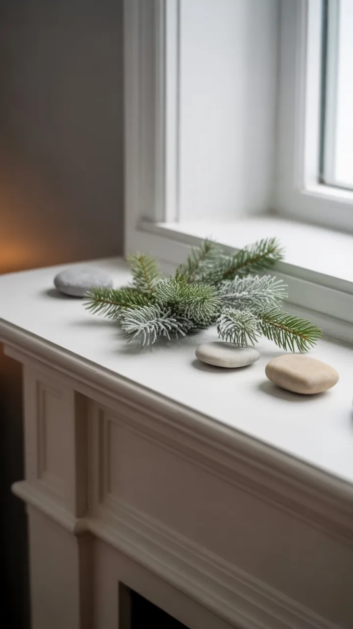 Scandinavian Quiet with a Frosted Sprig and River Stones