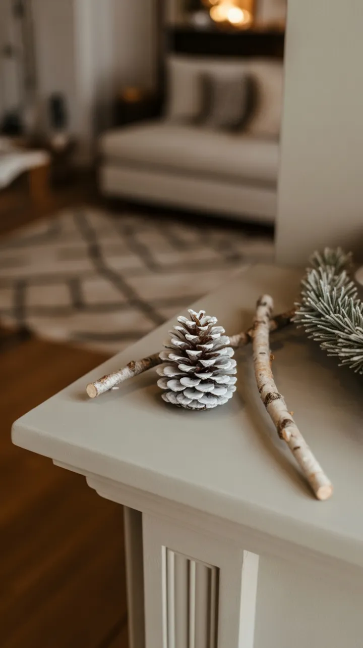 Snow-Kissed Pinecone on a Serene Minimal Mantel