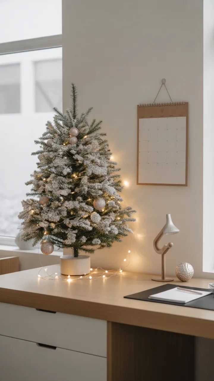 Serene Minimalist Holiday Desk with a Frosted Fir