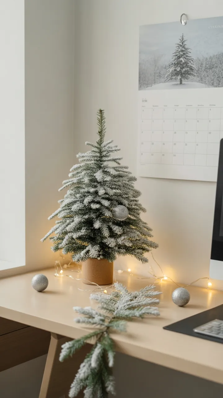 Snow-Dusted Minimalist Desk – A Serene Holiday Moment