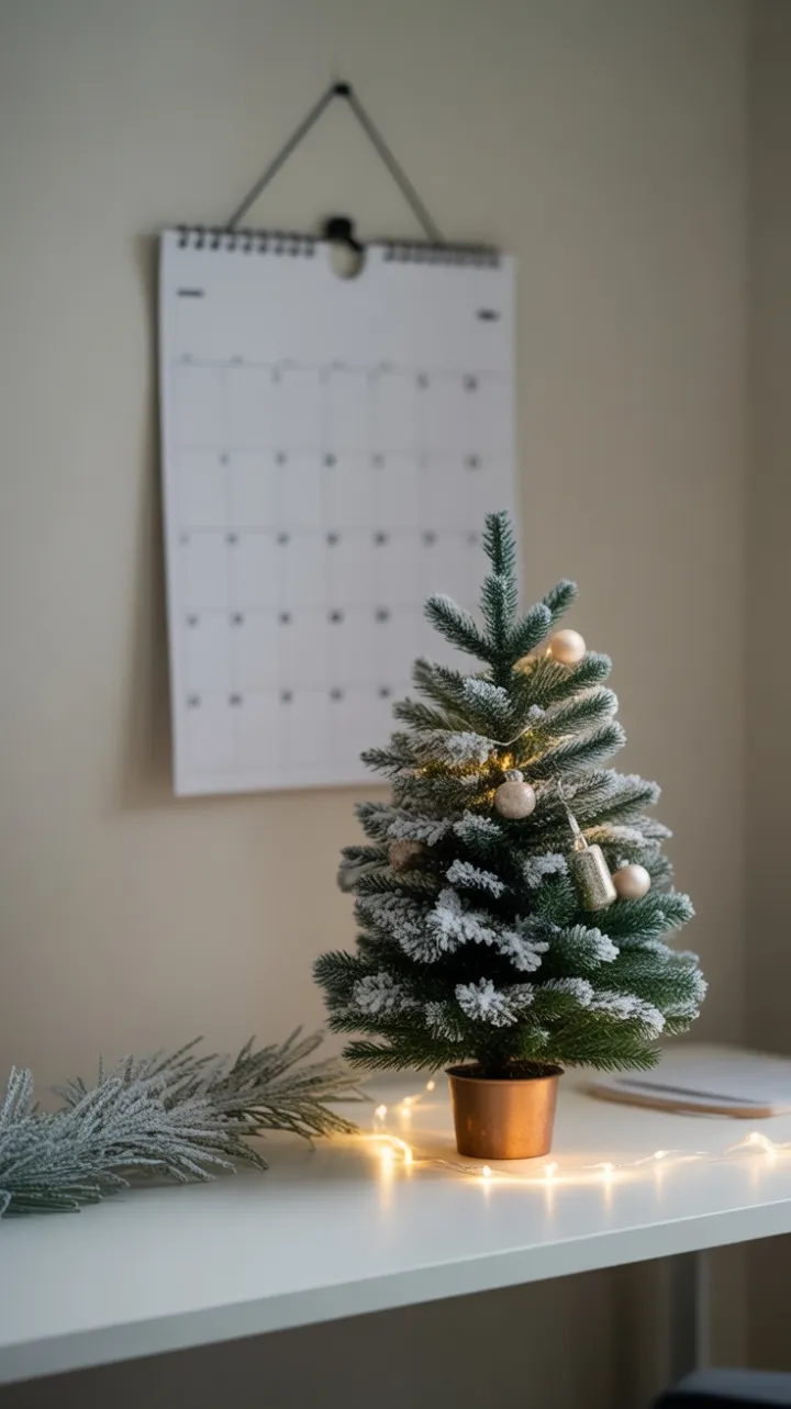 Snow-Dusted Minimalist Desk with Warm Holiday Glow