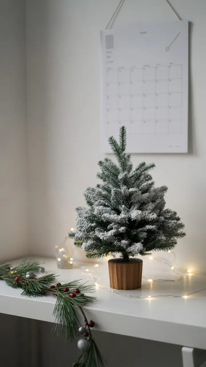 Cozy Minimalist Desk with Snow-Dusted Fir and Warm Fairy Lights