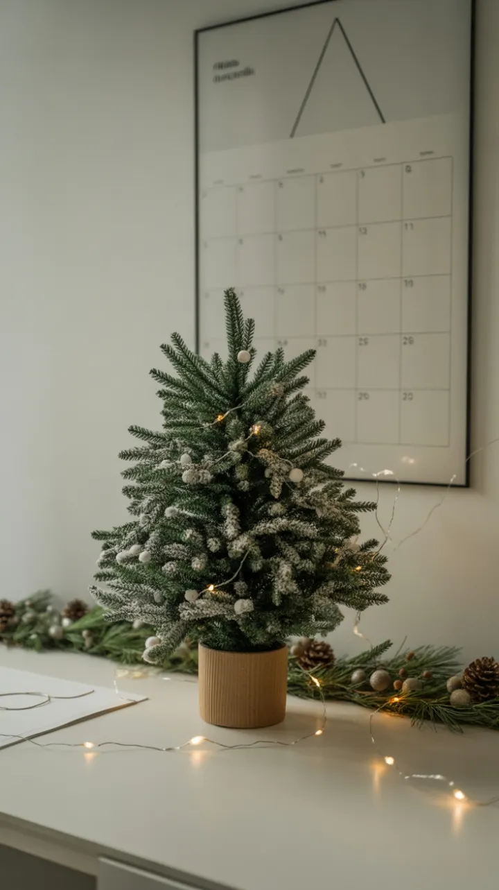 Serene Minimalist Holiday Desk with Frosted Evergreens
