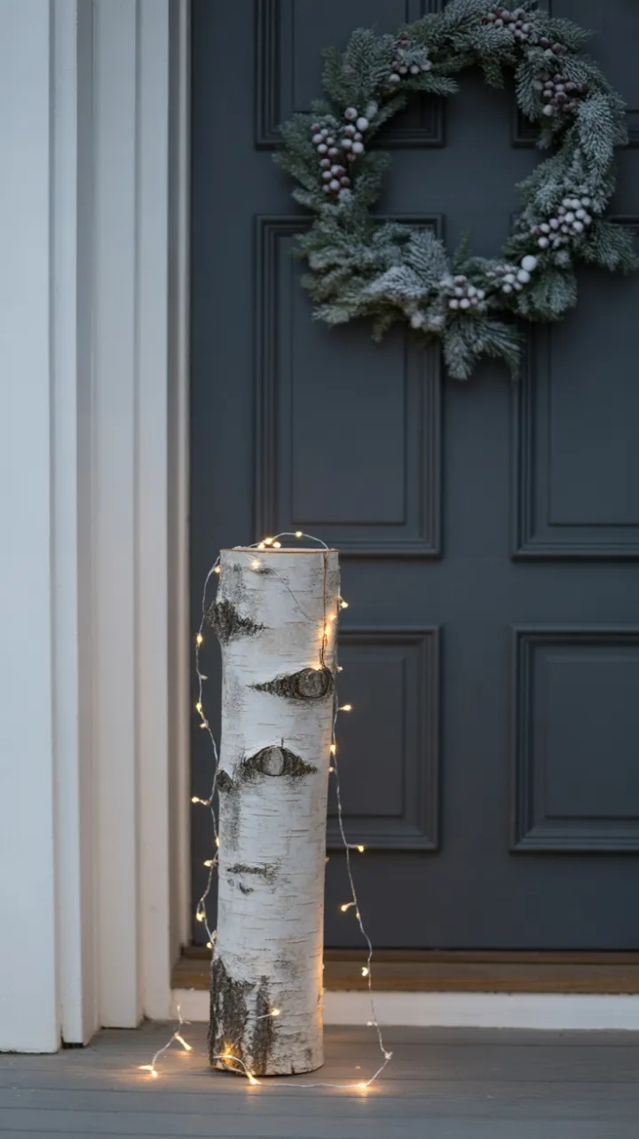 Understated Scandinavian Porch with Birch Log and Frosted Wreath