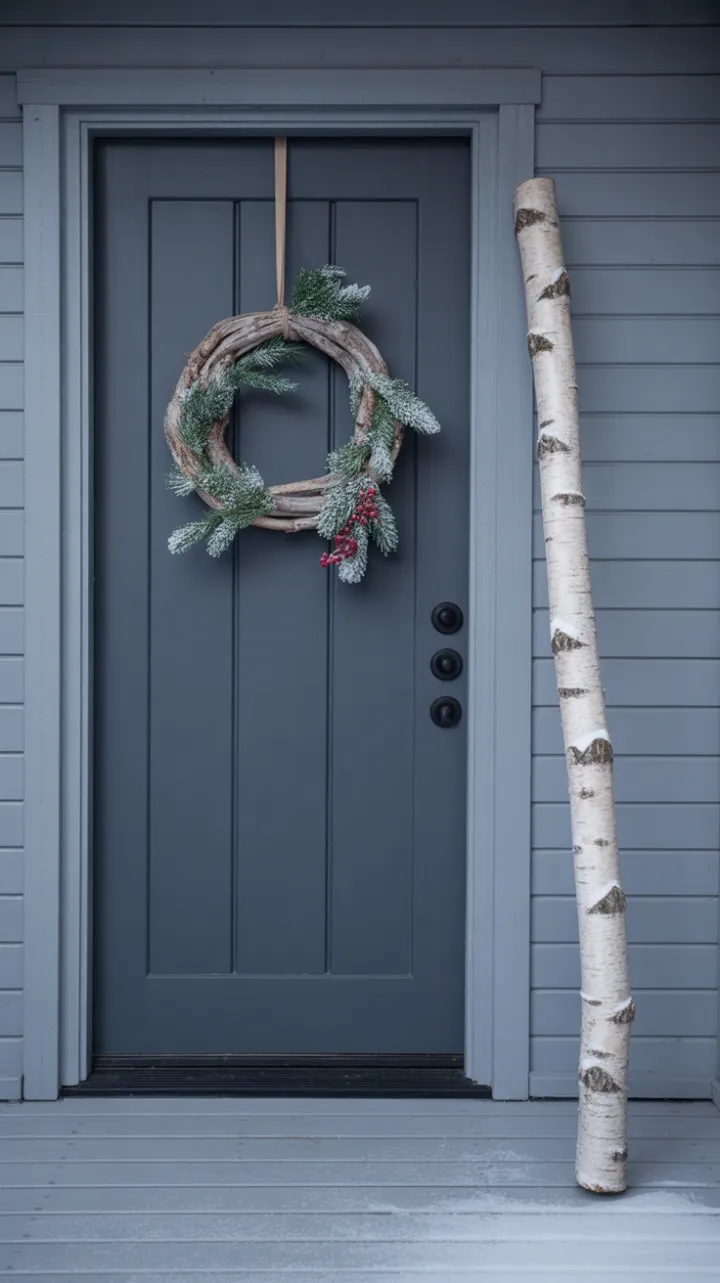 Frosted Simplicity — Wreath and Birch on a Slate Door