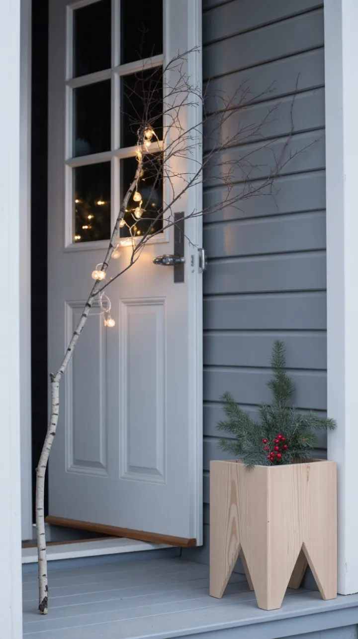 Minimalist Scandinavian Porch with Birch Branch and Warm Lights