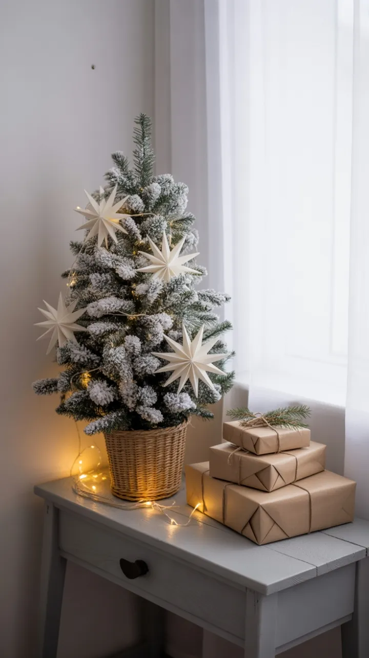 Flocked Fir, Twine-Wrapped Presents and a Warm Glow in a Minimalist Scandinavian Corner