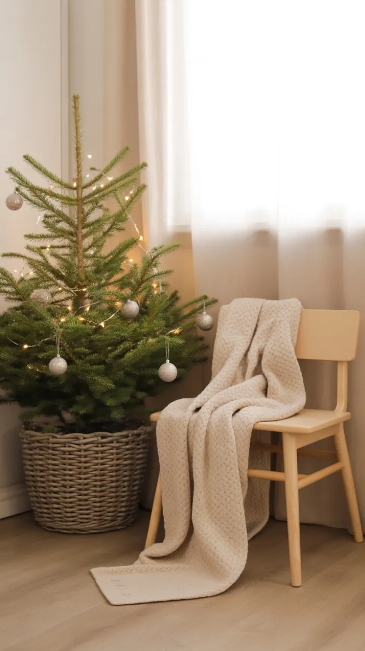 Quiet Holiday Nook with Minimal Tree and Knit Throw