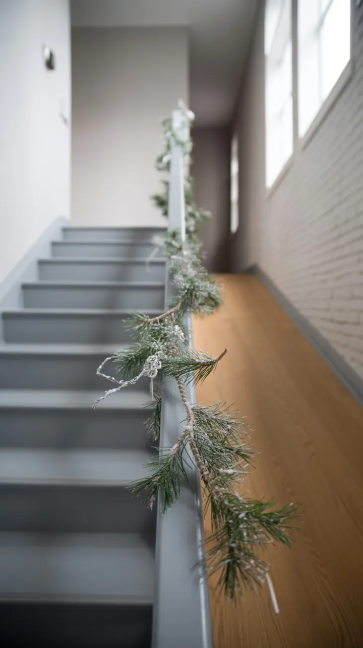Frosted Garland on a Minimalist Scandinavian Staircase