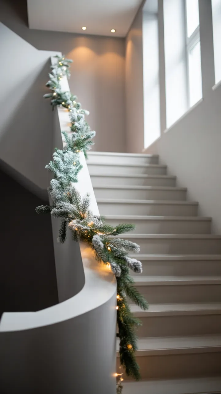 Scandinavian Staircase Dressed in Frosted Greens and Warm Light