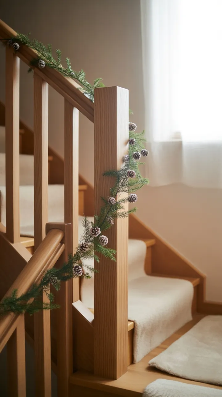 Scandinavian Simplicity Light Oak Staircase Draped in Frosted Evergreen
