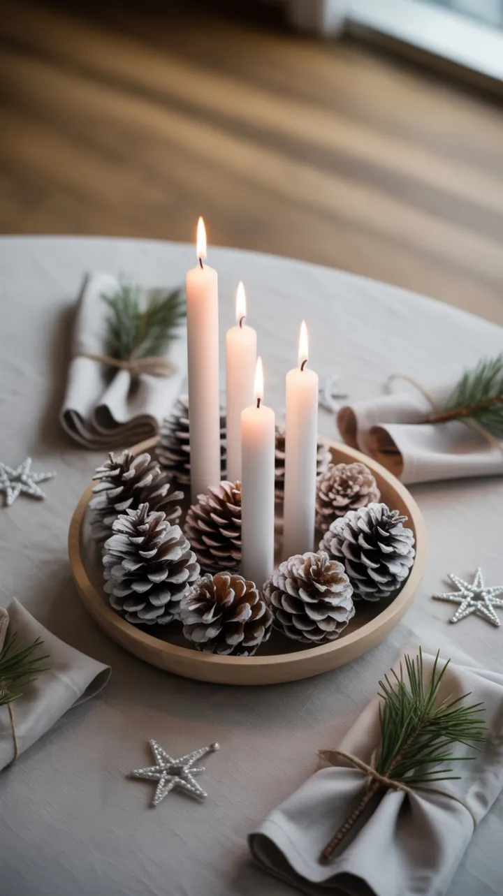 Frosted Pines and Candlelight Tablescape