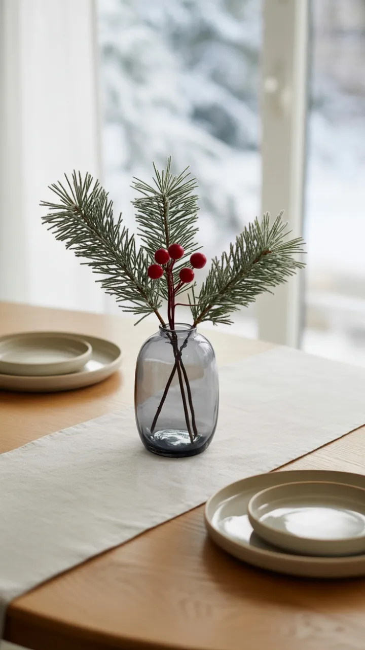 Frosted Evergreens and Scarlet Berries on a Minimalist Table