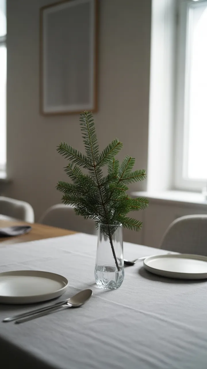 Evergreen Whisper Minimal Holiday Table Bathed in Scandinavian Light