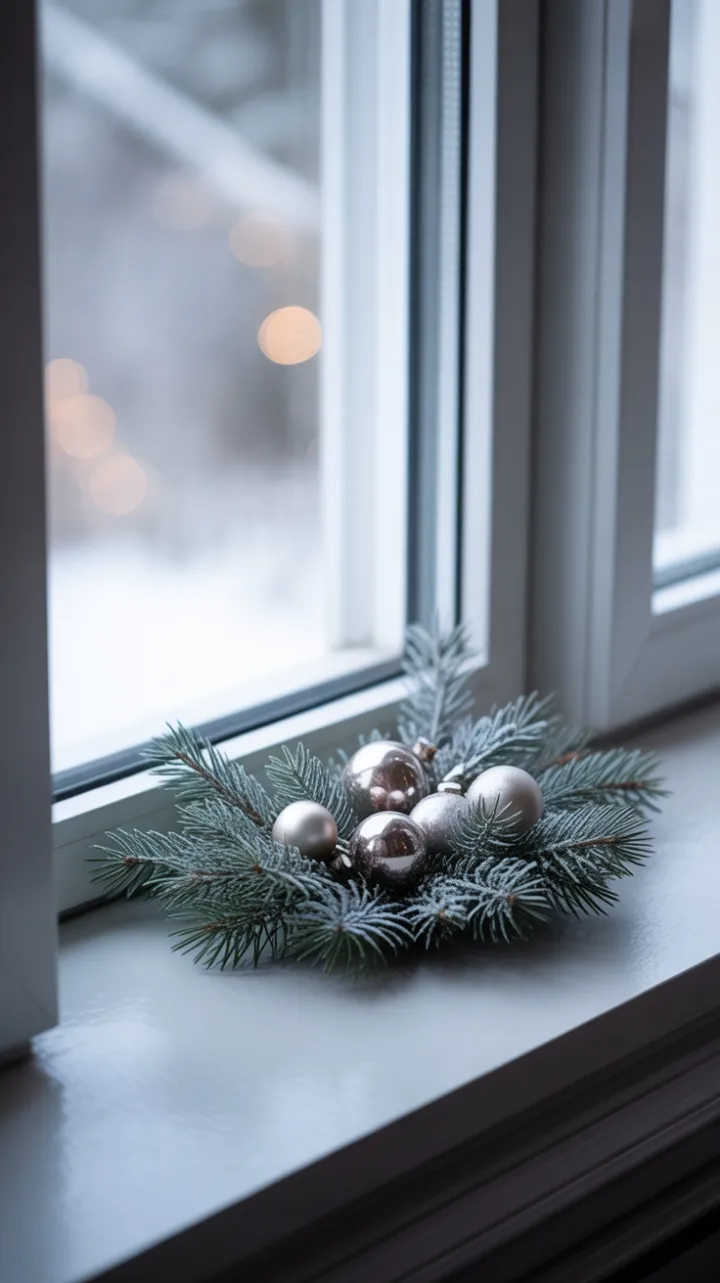 Serene Winter Minimalism — Frosted Evergreen on a White Sill