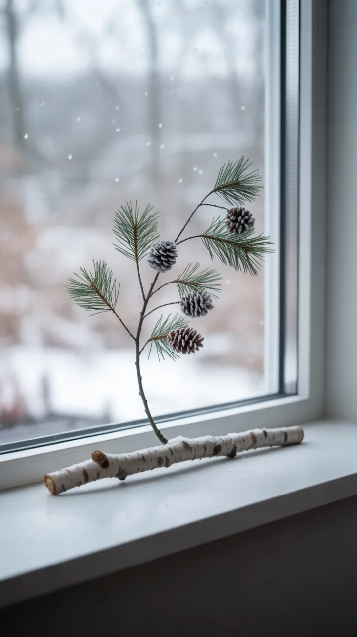 Birch and Frosted Pinecones in Quiet Snow
