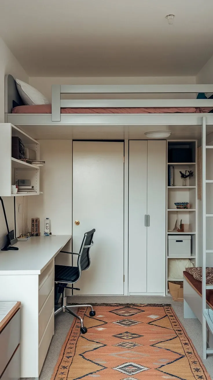 This single bedroom apartment showcases clever small bedroom organization, maximizing small bedroom space with a loft bed freeing up floor area for a desk and chair. The minimalist bedroom ideas are evident in the clean white walls and efficient use of storage solutions for small bedrooms, including shelves and a small closet. This is a perfect example of small space bedroom designs and narrow bedroom ideas, demonstrating how thoughtful planning can create a functional and stylish living space.