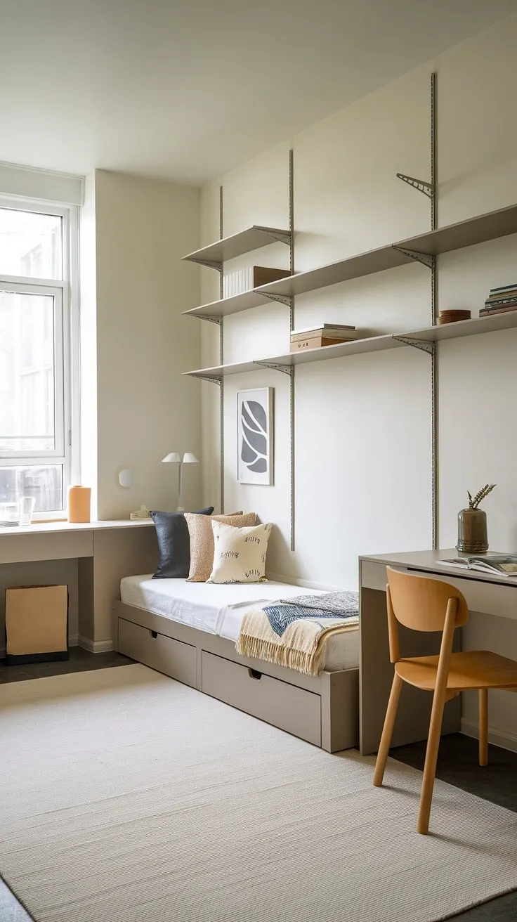 Small bedroom organization doesn't mean sacrificing style. This single bedroom apartment showcases smart storage ideas and small space bedroom designs for a functional and beautiful narrow bedroom.