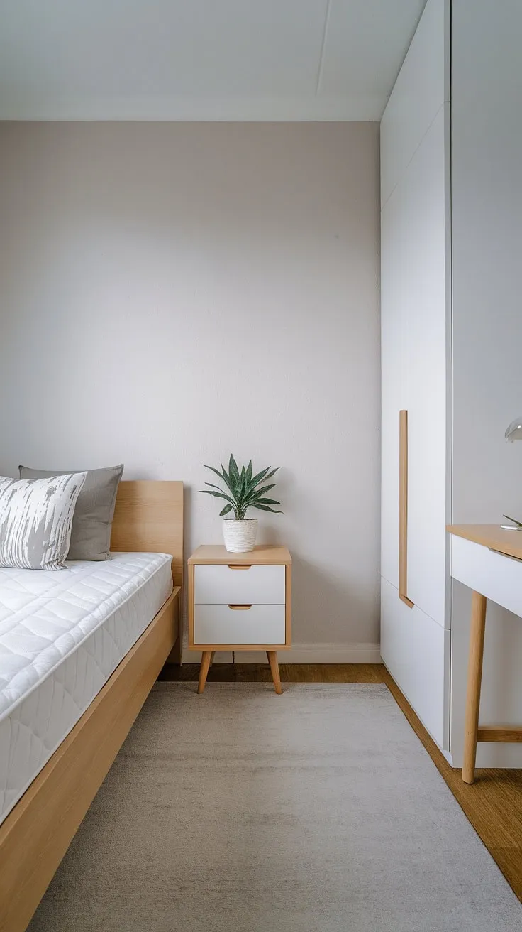 This single bedroom apartment showcases clever small bedroom organization and maximizes small bedroom space with minimalist bedroom ideas. The white wardrobe and desk offer smart storage solutions for small bedrooms, while the light gray walls and rug create a calming atmosphere. Perfect examples of small space bedroom designs and narrow bedroom ideas, this setup proves that even a small space can feel spacious and stylish.