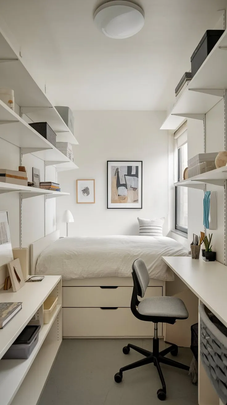 This single bedroom apartment showcases clever small bedroom organization, maximizing small bedroom space with thoughtful small bedroom storage ideas. The narrow bedroom layout is cleverly addressed with integrated storage solutions for small bedrooms, resulting in a surprisingly spacious and minimalist bedroom design. The white walls and minimalist decor enhance the feeling of airiness.