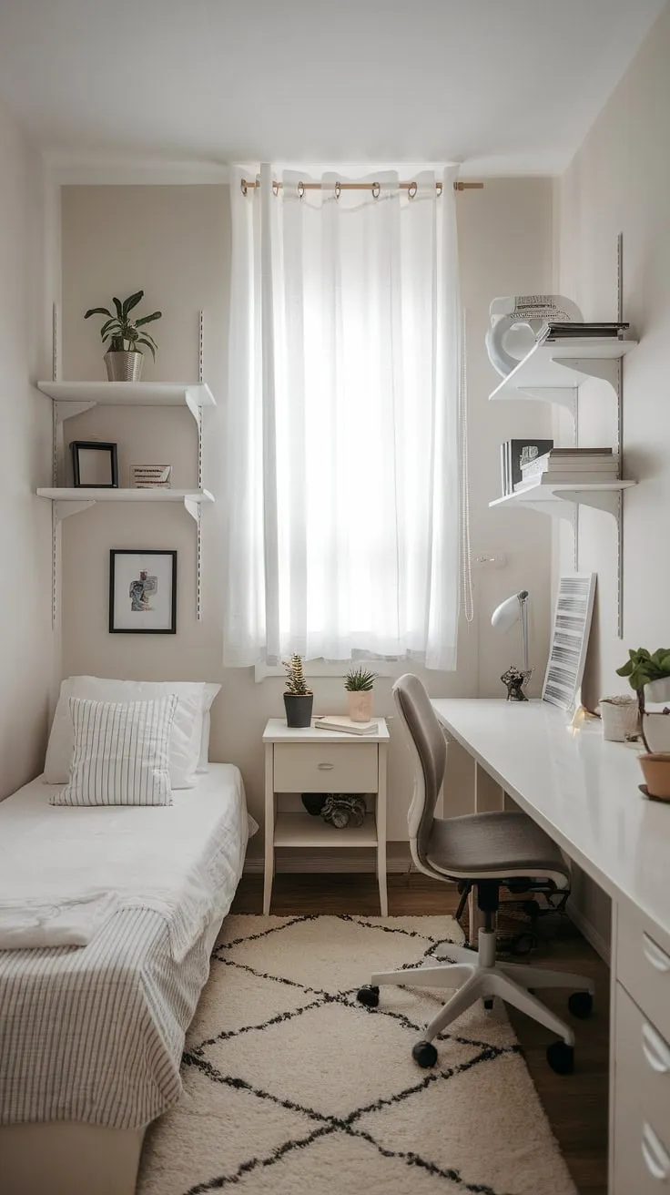 A picture-perfect example of small space bedroom designs in a single bedroom apartment. This minimalist approach to small bedroom organization cleverly utilizes every inch, offering inspiring storage solutions for small bedrooms and demonstrating how to maximize small bedroom space even in a narrow bedroom. The result is a calm and functional haven.