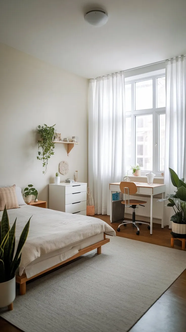 This single bedroom apartment demonstrates that small space bedroom designs don't have to compromise on style. Smart small bedroom storage ideas and efficient furniture choices create a calm and functional haven, perfect for maximizing small bedroom space in a narrow bedroom.