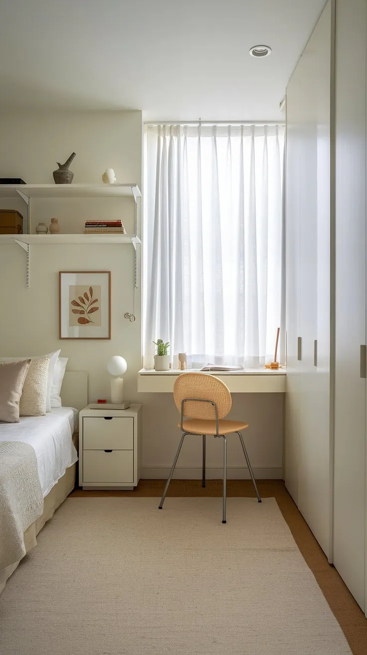 Maximize space and style in this single bedroom apartment. Clever storage solutions and minimalist bedroom ideas transform a narrow bedroom into a haven of calm.