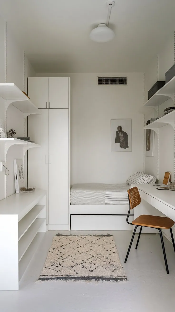 Efficient small bedroom storage ideas are on full display in this single bedroom apartment. The white walls and simple furniture contribute to a calm minimalist bedroom design, while the strategic use of shelves and a storage bed exemplifies maximizing small bedroom space in a narrow bedroom. This is a prime example of smart storage solutions for small bedrooms.