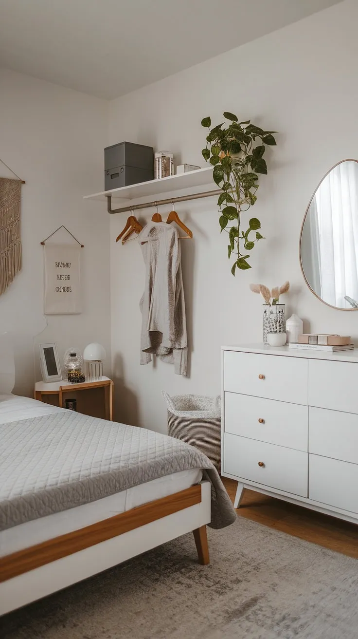 Transforming a narrow bedroom into a haven of calm is achievable! This small space bedroom design demonstrates effective small bedroom storage ideas and storage solutions for small bedrooms, proving that maximizing small bedroom space in a single bedroom apartment is all about smart organization and a minimalist approach.