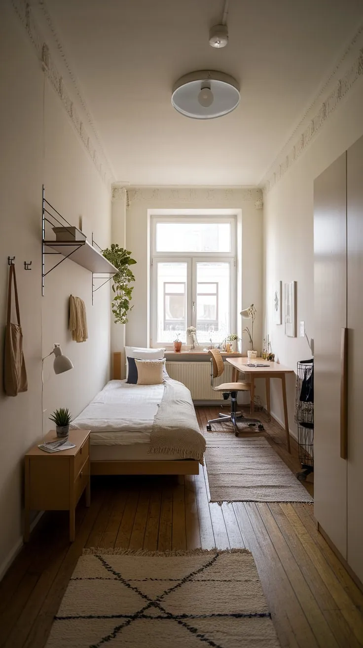 This minimalist bedroom design proves that even a small bedroom apartment can feel spacious and stylish. Small space bedroom designs are expertly employed here, with smart storage solutions for small bedrooms like the wall shelf and integrated wardrobe. The narrow layout is cleverly addressed with thoughtful furniture placement, demonstrating effective small bedroom organization. This is a perfect example of maximizing small bedroom space with simple, elegant solutions.