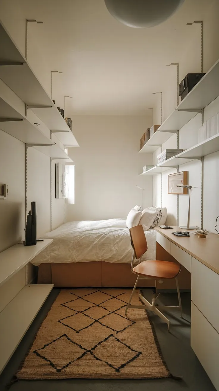 Maximize space and style in this single bedroom apartment. Clever storage solutions and minimalist design create a calm, organized haven. Small bedroom organization at its finest.