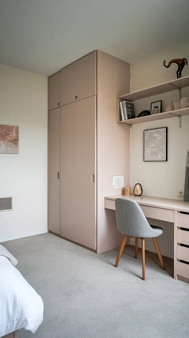 Maximize space and style in this single bedroom apartment. Clever storage solutions and minimalist design create a calm, organized haven, perfect for small bedroom organization and narrow bedroom ideas.