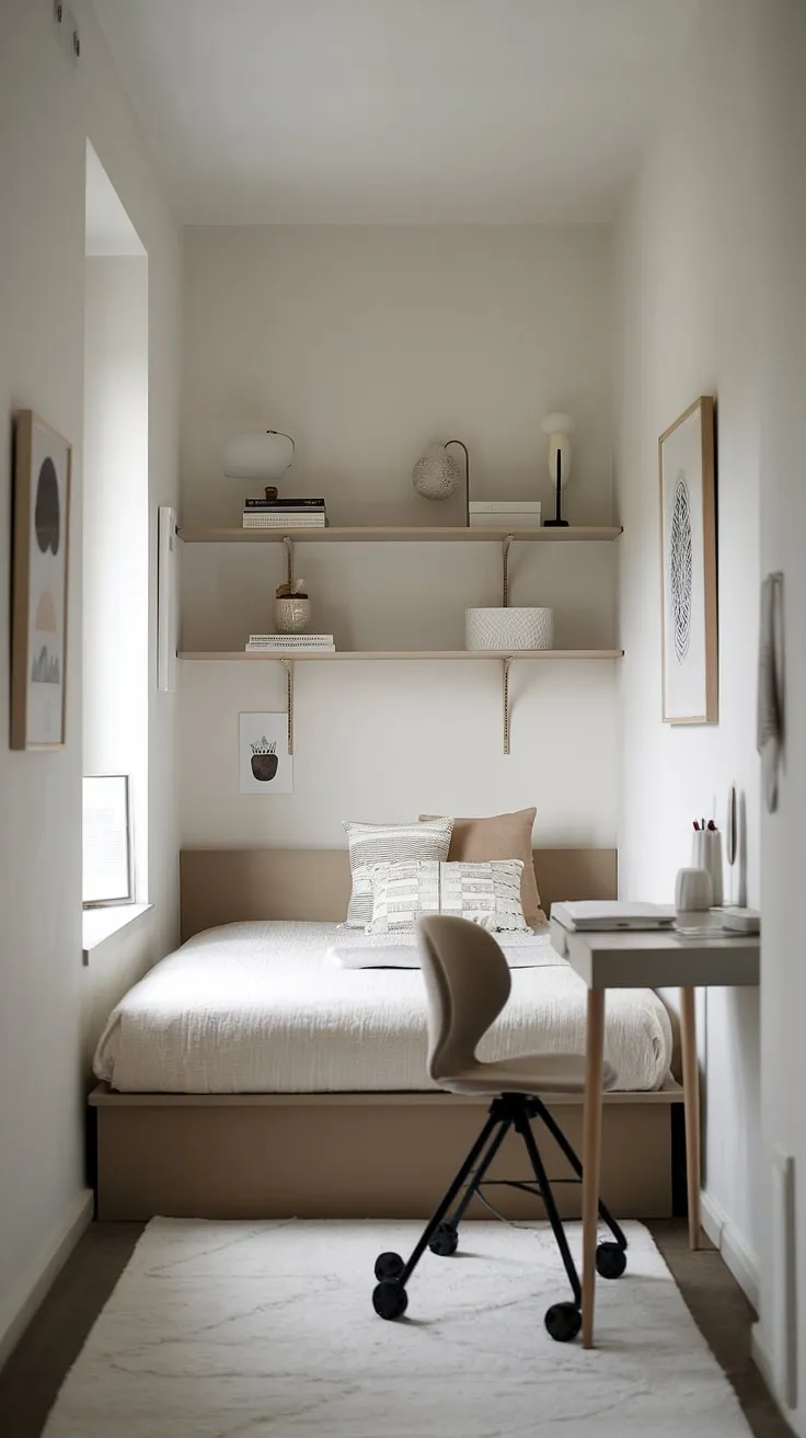 A stunning example of small space bedroom designs in a narrow bedroom. This single bedroom apartment demonstrates effective small bedroom organization and storage solutions for small bedrooms, maximizing the limited space with minimalist bedroom ideas and thoughtful placement of furniture.