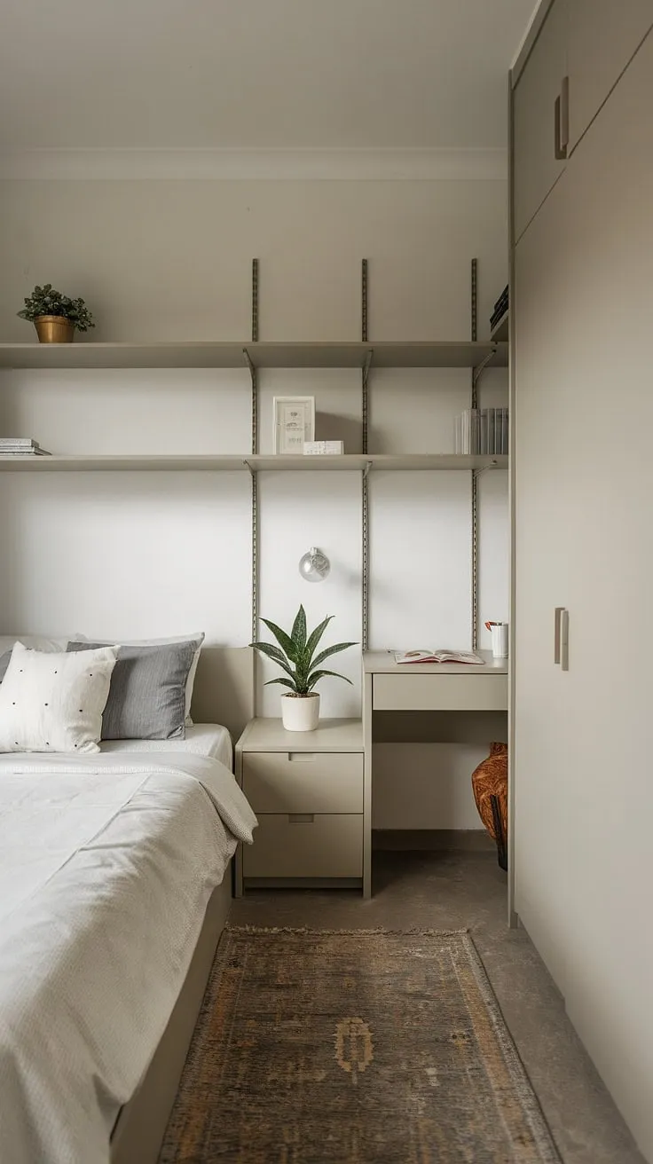 Small space bedroom designs don't have to compromise on style. This single bedroom apartment proves that with smart small bedroom organization and storage solutions for small bedrooms. The minimalist approach, including the use of shelves above the bed and a compact desk, maximizes the limited space, offering practical narrow bedroom ideas. This is a prime example of maximizing small bedroom space in a stylish and functional way.