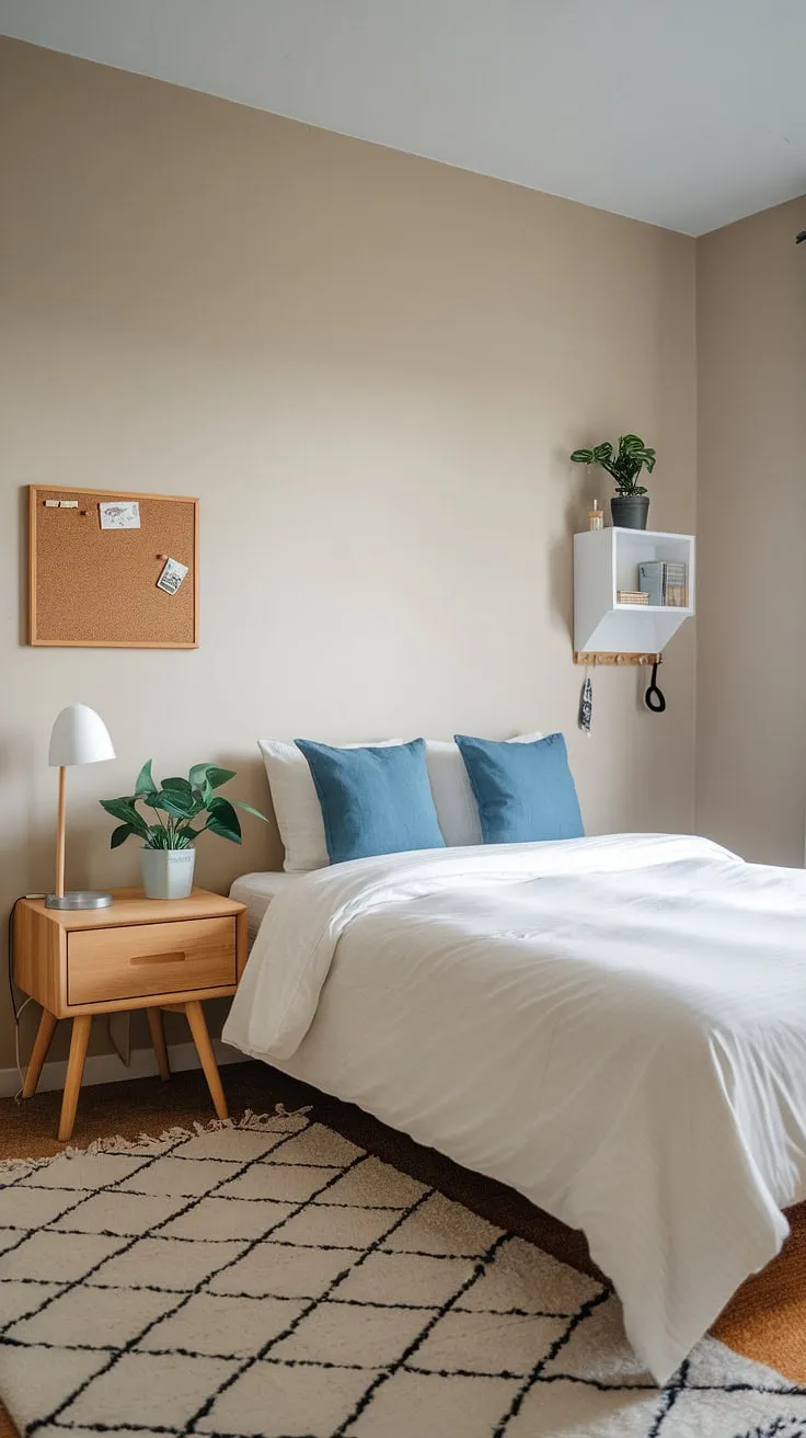 This single bedroom apartment showcases clever small bedroom organization, maximizing small bedroom space with minimalist bedroom ideas. The narrow bedroom ideas are brilliantly executed, utilizing small bedroom storage ideas like the corkboard and shelf, while the white rug and beige walls create an airy feel. Storage solutions for small bedrooms are seamlessly integrated, proving that even a small space can feel spacious and stylish.
