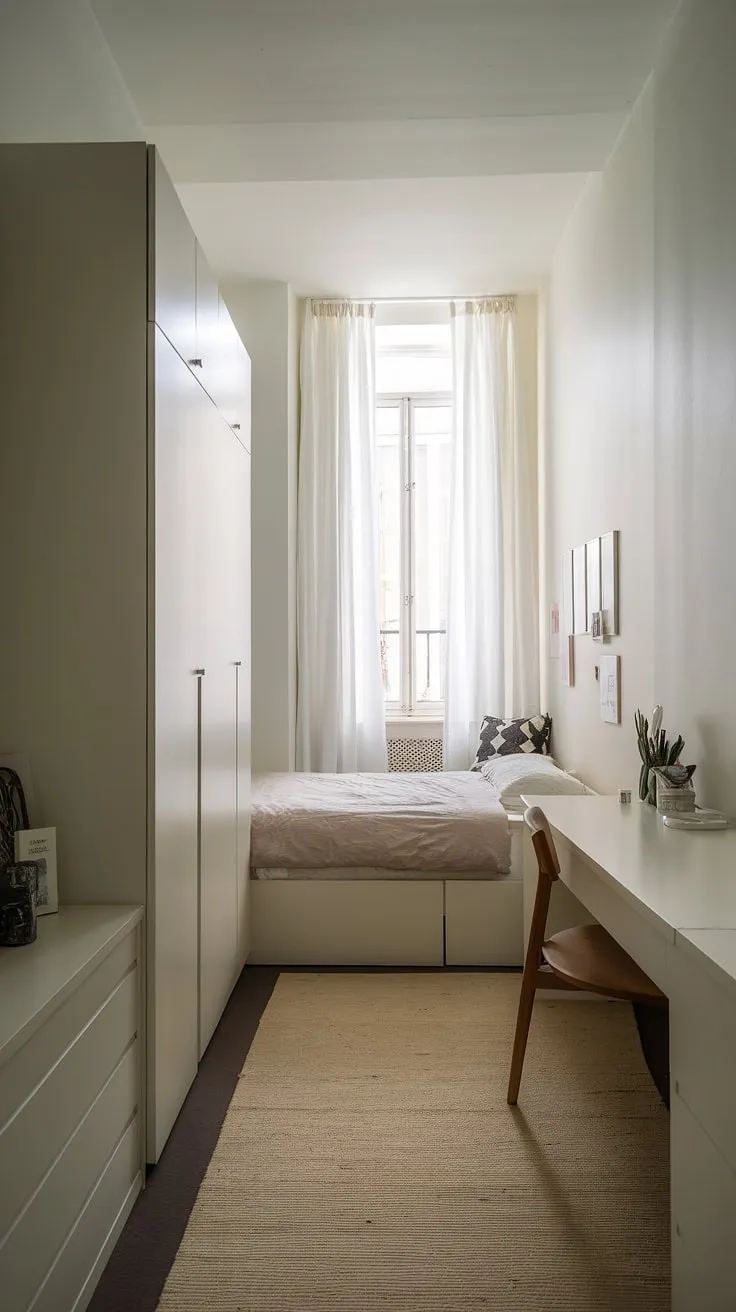 This single bedroom apartment proves that small bedroom storage ideas and small bedroom organization can create a serene and functional space. Discover narrow bedroom ideas and maximizing small bedroom space in this minimalist design.