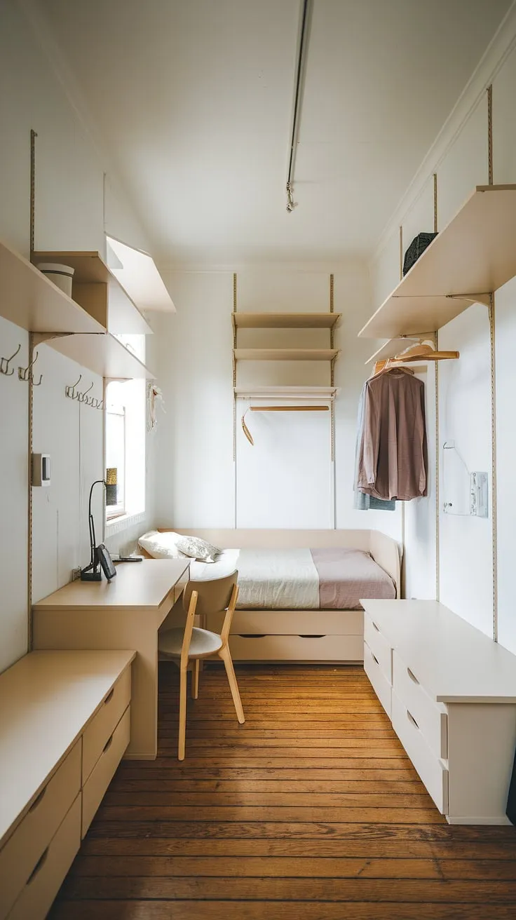 This single bedroom apartment proves that even narrow bedroom ideas can be beautiful and functional. Small bedroom storage ideas abound in this space, showcasing maximizing small bedroom space and storage solutions for small bedrooms. A minimalist bedroom design at its finest.