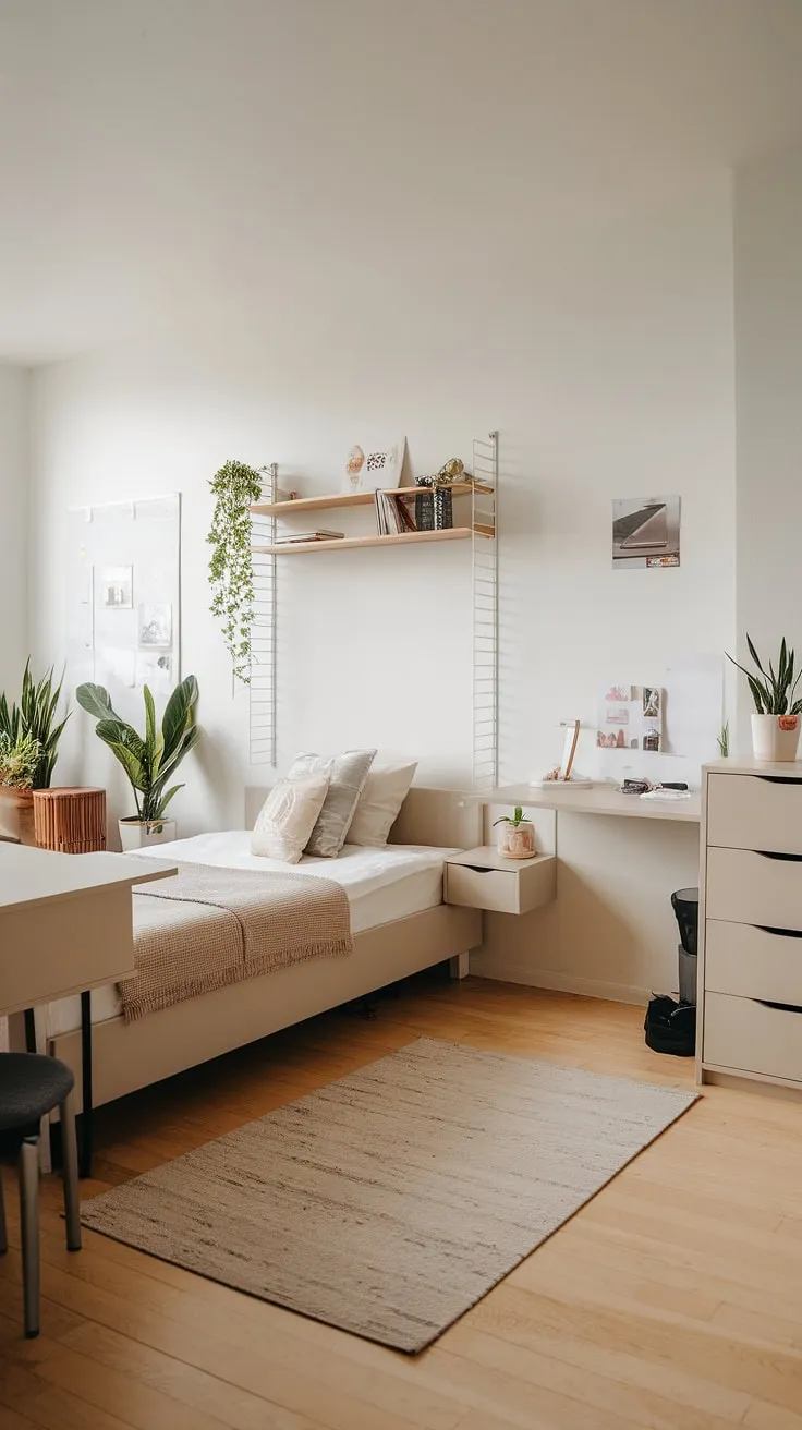 Sunlight streams into this minimalist single bedroom apartment, showcasing clever small bedroom organization and maximizing small bedroom space. The light hardwood floors and grey rug complement the white walls, while floating nightstands and a wall-mounted shelf offer smart storage solutions for small bedrooms, perfect examples of small space bedroom designs and narrow bedroom ideas.