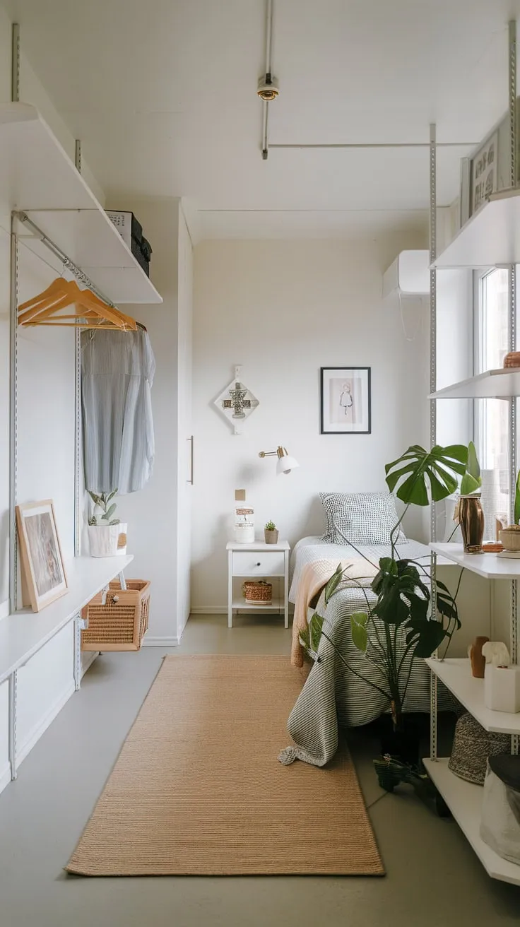 Maximize space and style in this single bedroom apartment. Clever storage solutions and minimalist design prove that small bedroom organization doesn't mean sacrificing comfort.