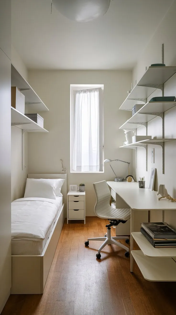Maximize space and style in this single bedroom apartment. Clever storage solutions and minimalist design create a calm, organized haven. Small bedroom organization at its finest.