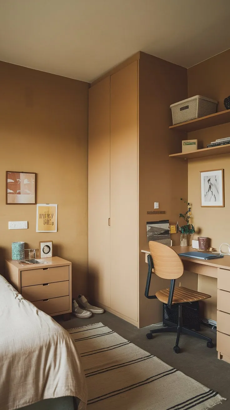 This cozy single bedroom apartment showcases clever small bedroom organization and maximizes small bedroom space with minimalist bedroom ideas. Note the efficient use of storage solutions for small bedrooms, including the built-in closet, creating a functional and stylish space despite its narrow bedroom dimensions. This is a perfect example of small space bedroom designs.