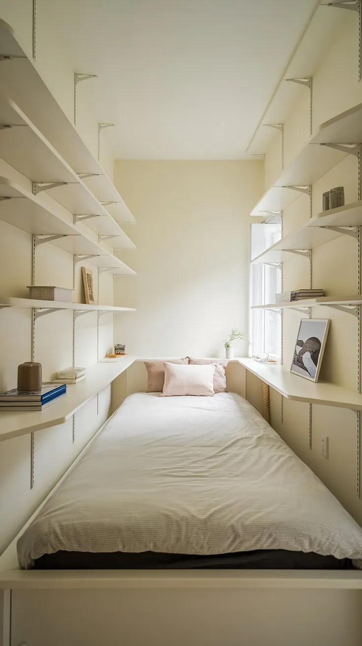 This single bedroom apartment showcases clever small bedroom organization, maximizing small bedroom space with built-in shelves and a minimalist approach. The narrow bedroom ideas implemented here, including a compact desk near the window, demonstrate effective storage solutions for small bedrooms and inspiring small space bedroom designs.