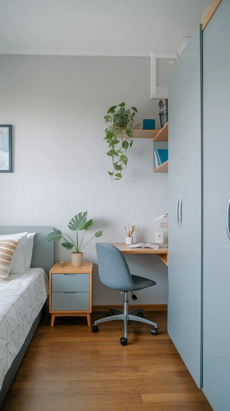 Small bedroom organization doesn't have to mean sacrificing style. This single bedroom apartment showcases ingenious small bedroom storage ideas, maximizing small bedroom space in a narrow bedroom. The light grey walls and minimalist bedroom ideas contribute to an airy feel, while the thoughtful placement of furniture demonstrates effective small space bedroom designs. Storage solutions for small bedrooms are seamlessly integrated, proving that even the smallest spaces can be beautifully functional.