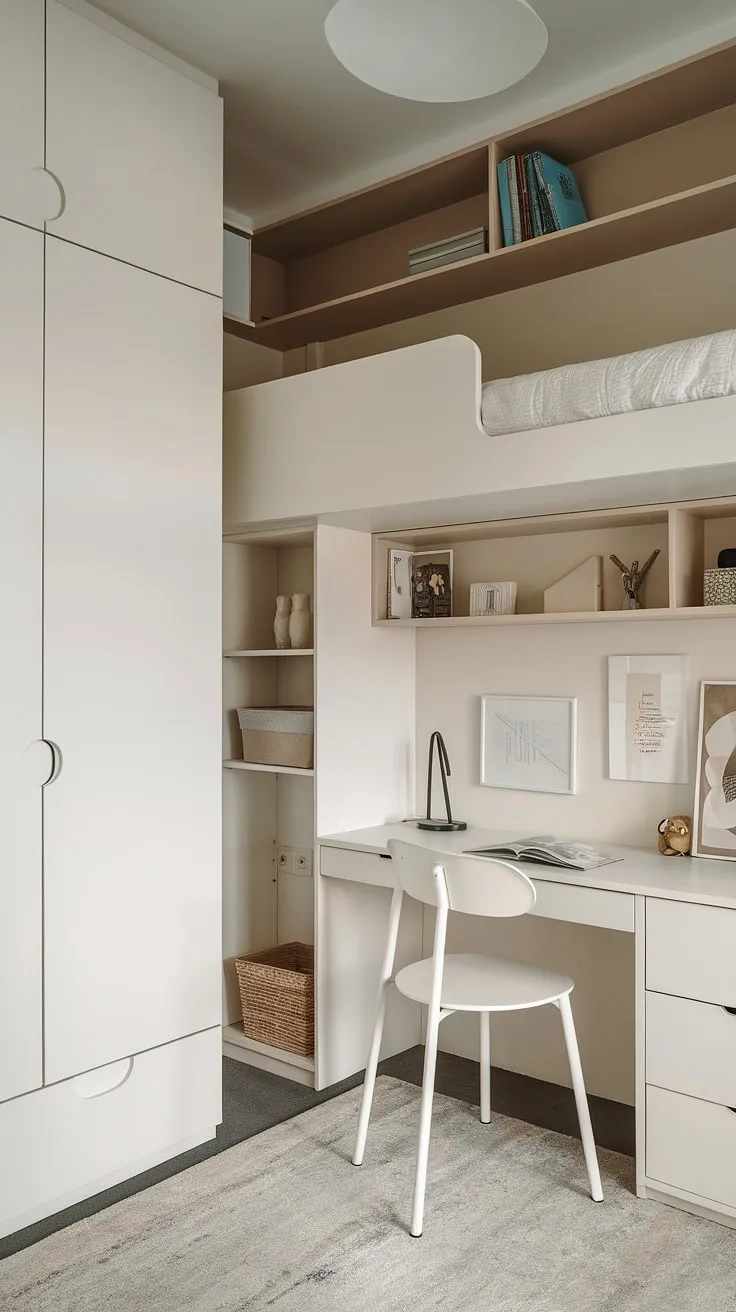 Maximize space and style in this single bedroom apartment. Clever storage solutions and minimalist design create a functional and peaceful retreat. Small bedroom organization at its finest.