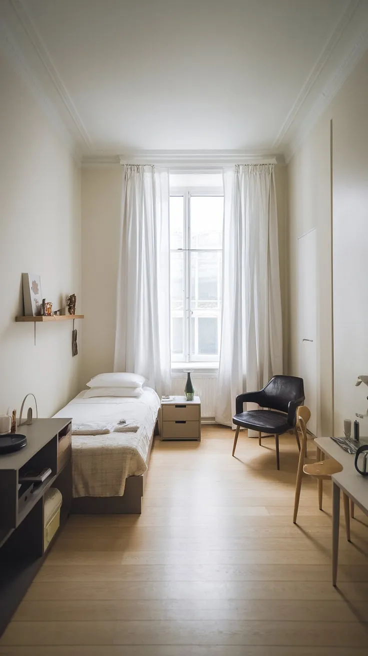 Maximize space and style in this single bedroom apartment. Clever small bedroom organization and storage solutions for small bedrooms create a calm, minimalist bedroom design, perfect for narrow bedroom ideas.