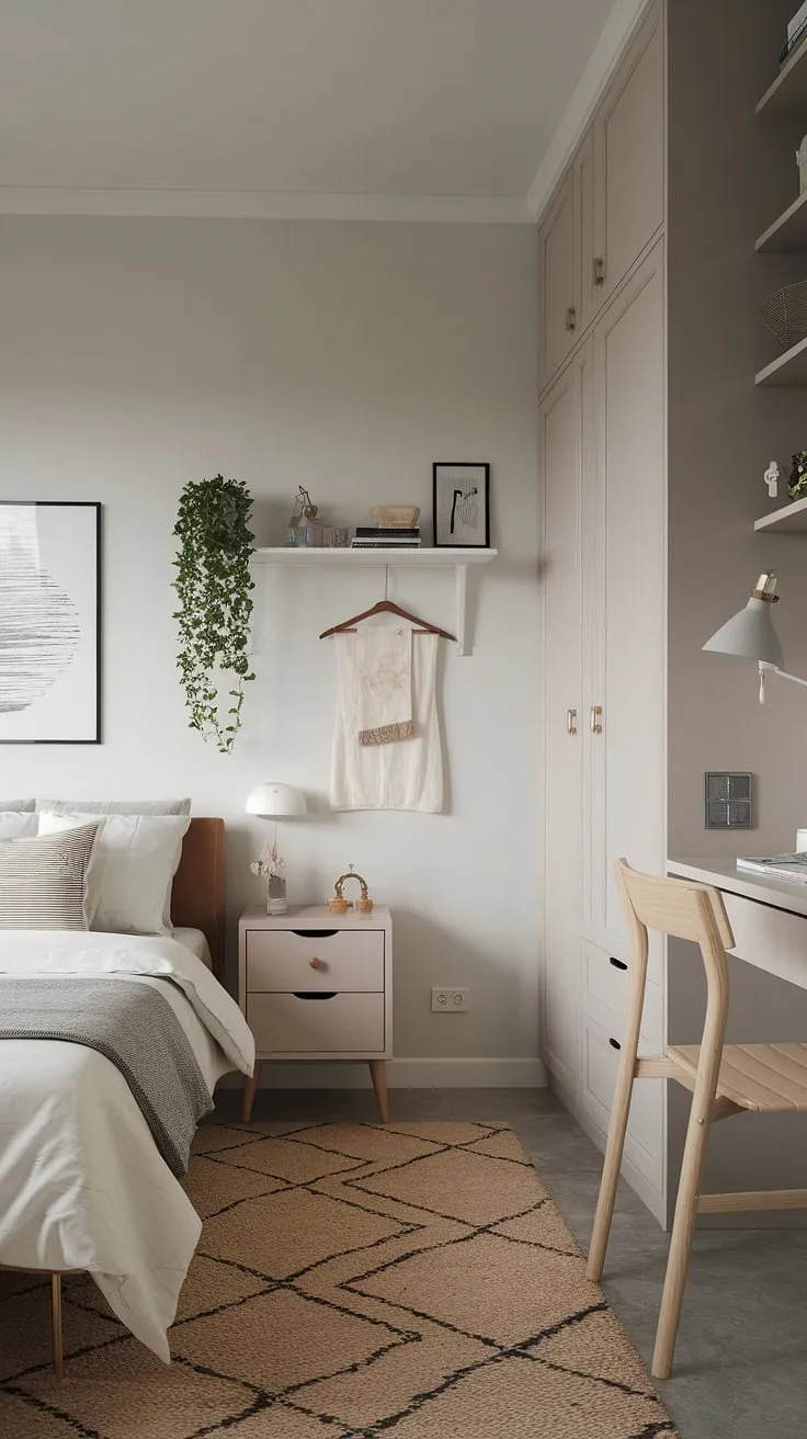 Small space bedroom designs don't have to compromise on style! This single bedroom apartment demonstrates effective small bedroom storage ideas, proving that even narrow bedroom ideas can be both beautiful and practical. The minimalist bedroom ideas and storage solutions for small bedrooms create a surprisingly spacious feel, maximizing the limited square footage.