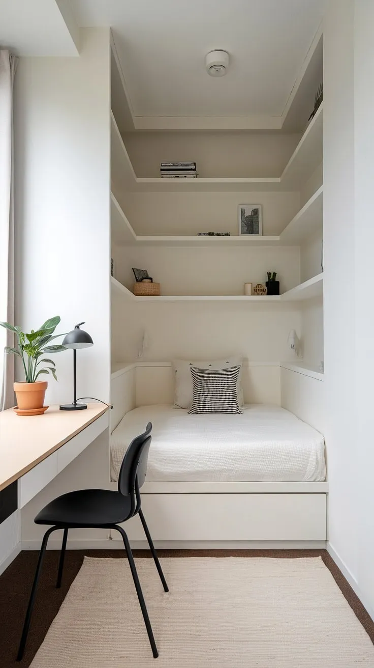 Small bedroom storage ideas abound in this single bedroom apartment. Built-in shelves and a thoughtful layout demonstrate maximizing small bedroom space with minimalist bedroom ideas, proving that even narrow bedroom ideas can be stylish and functional.