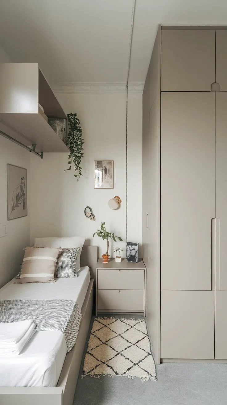 Small space bedroom designs don't have to compromise on style. This single bedroom apartment demonstrates effective small bedroom storage ideas and small bedroom organization techniques. The minimalist approach, incorporating storage solutions for small bedrooms, successfully maximizes small bedroom space even within a narrow bedroom layout.
